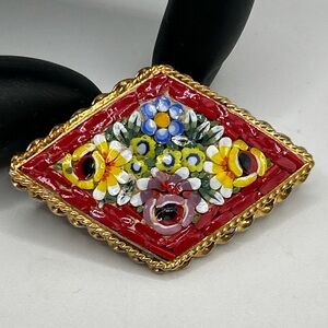 Vintage Floral Gold Tone Italian Micro Mosaic  Brooch Estate Find